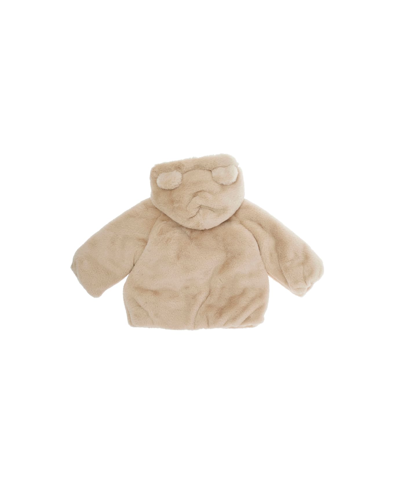Emporio Armani Beige Hooded Jacket With Front Logo In Faux Fur Baby - Beige