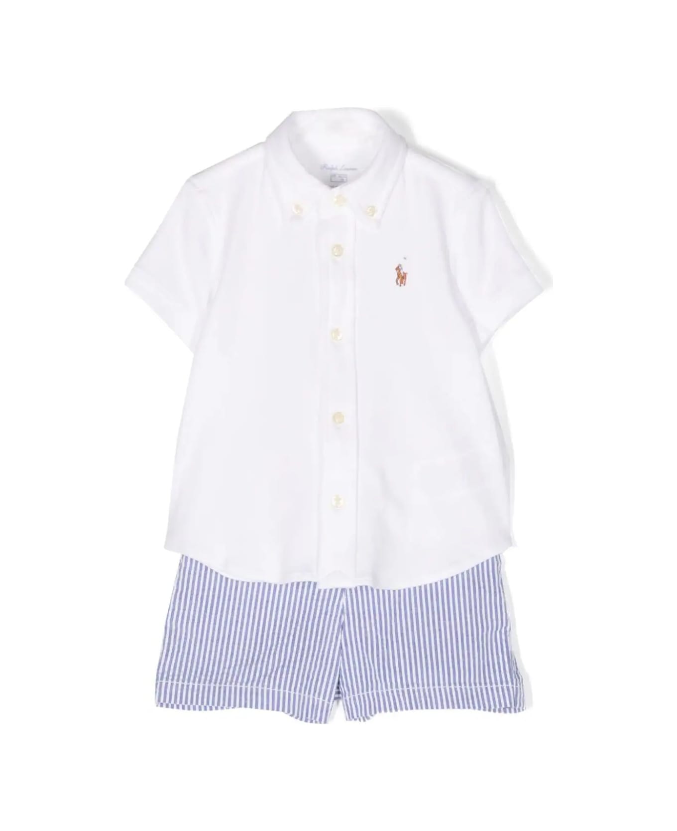 Ralph Lauren White And Light Blue Set With Shirt And Shorts - White