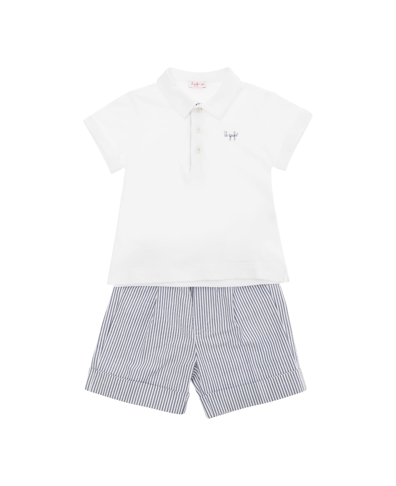 Il Gufo White Two Piece Set With Logo Embroidery In Cotton Baby - Blu ボディスーツ＆セットアップ