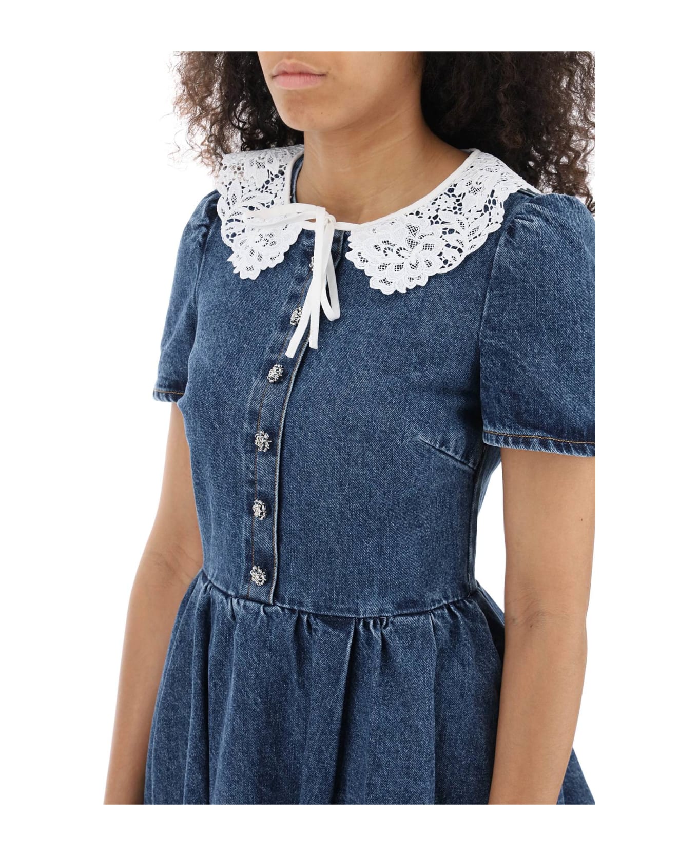 self-portrait Denim Mini Dress With Lace Collar And Jewel Buttons - Bl Blue