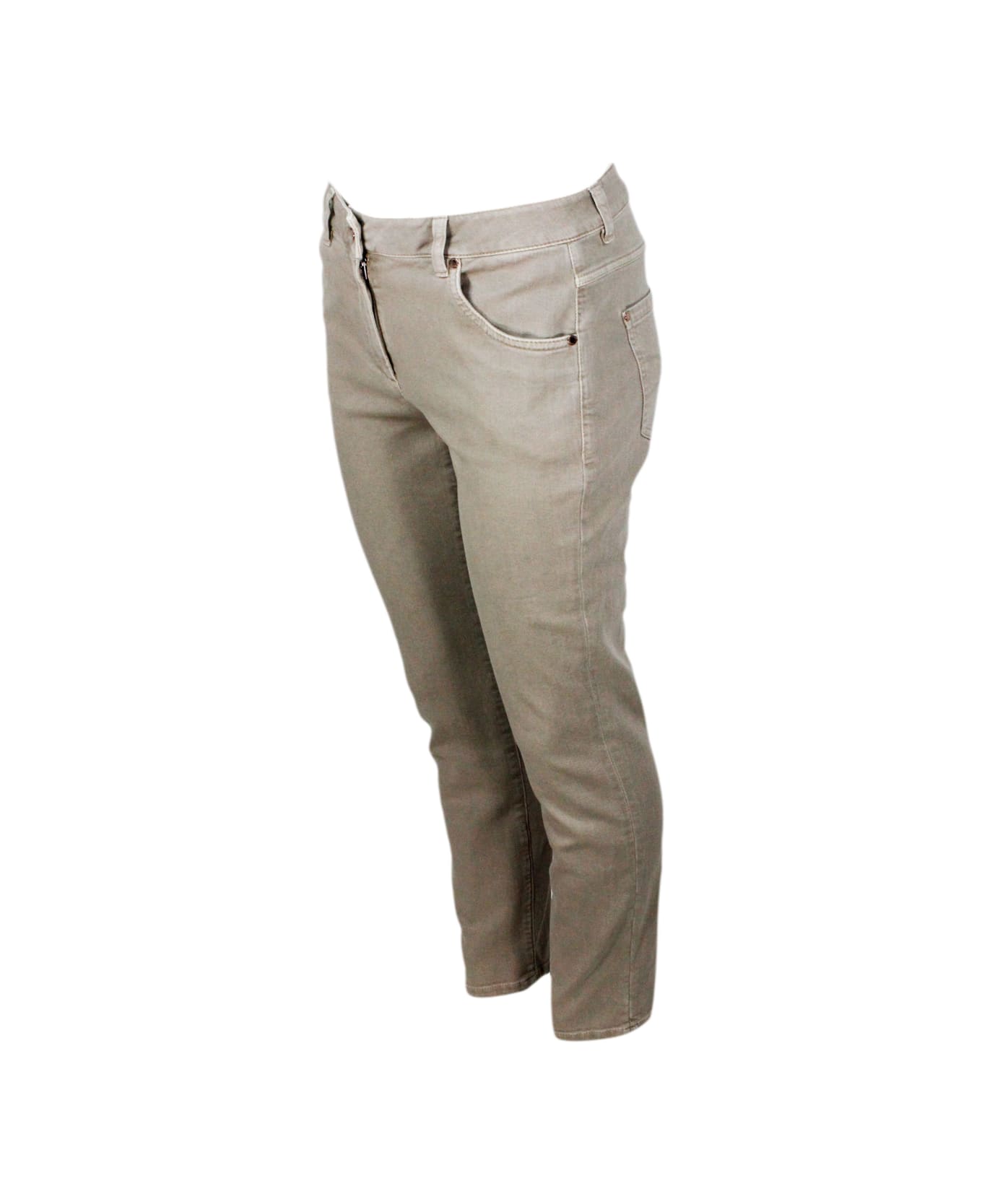 Brunello Cucinelli Pantalone A 5 Tasche In Drill Di Cotone Stretch Con Monile Sulla Tasca Posteriore - Beige freddo