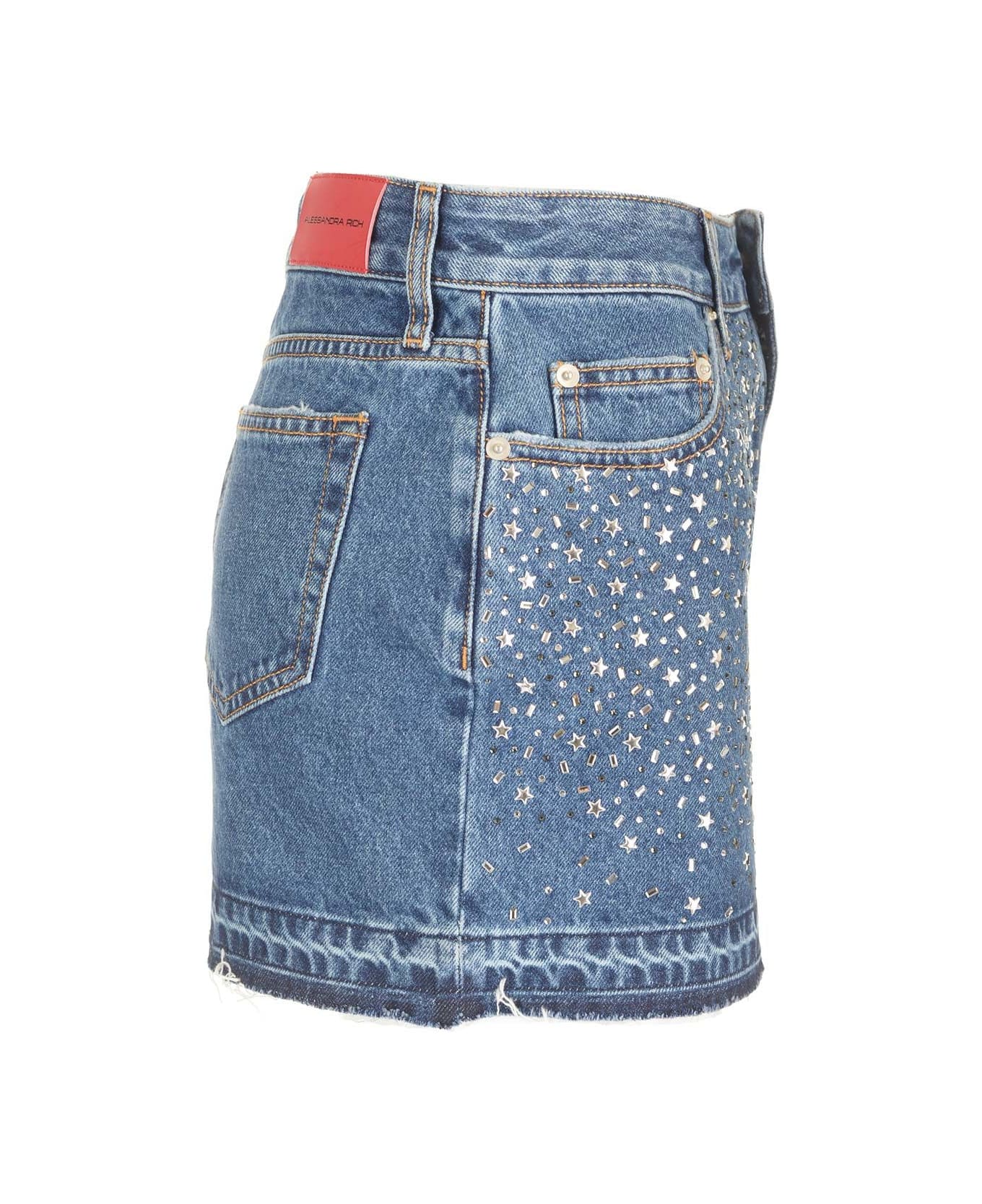 Alessandra Rich Embellished Denim Skirt - BLUE