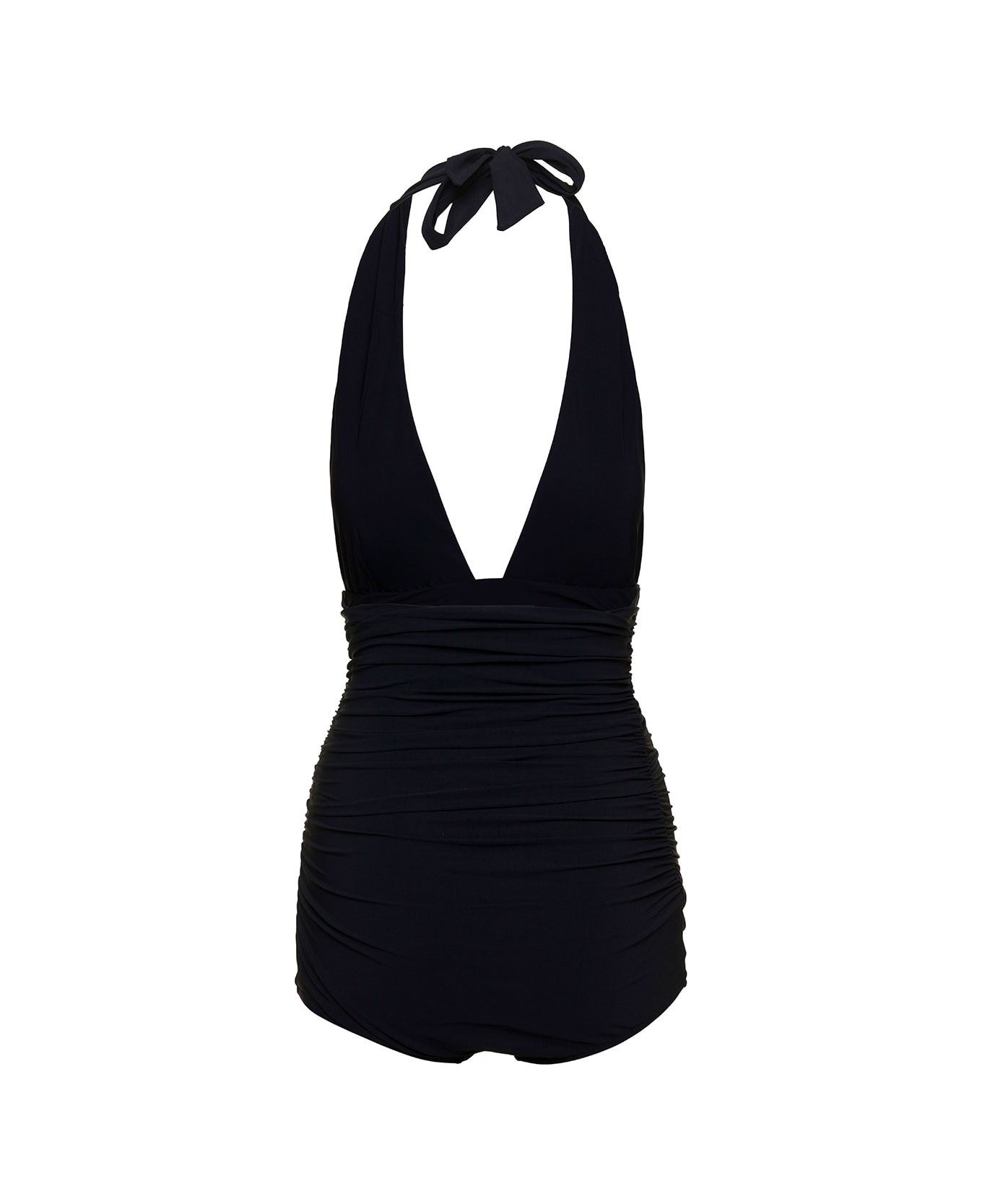 Dolce & Gabbana Black Gathered One-piece Swimsuit With Logo Patch In Stretch Polyamide Woman - Black
