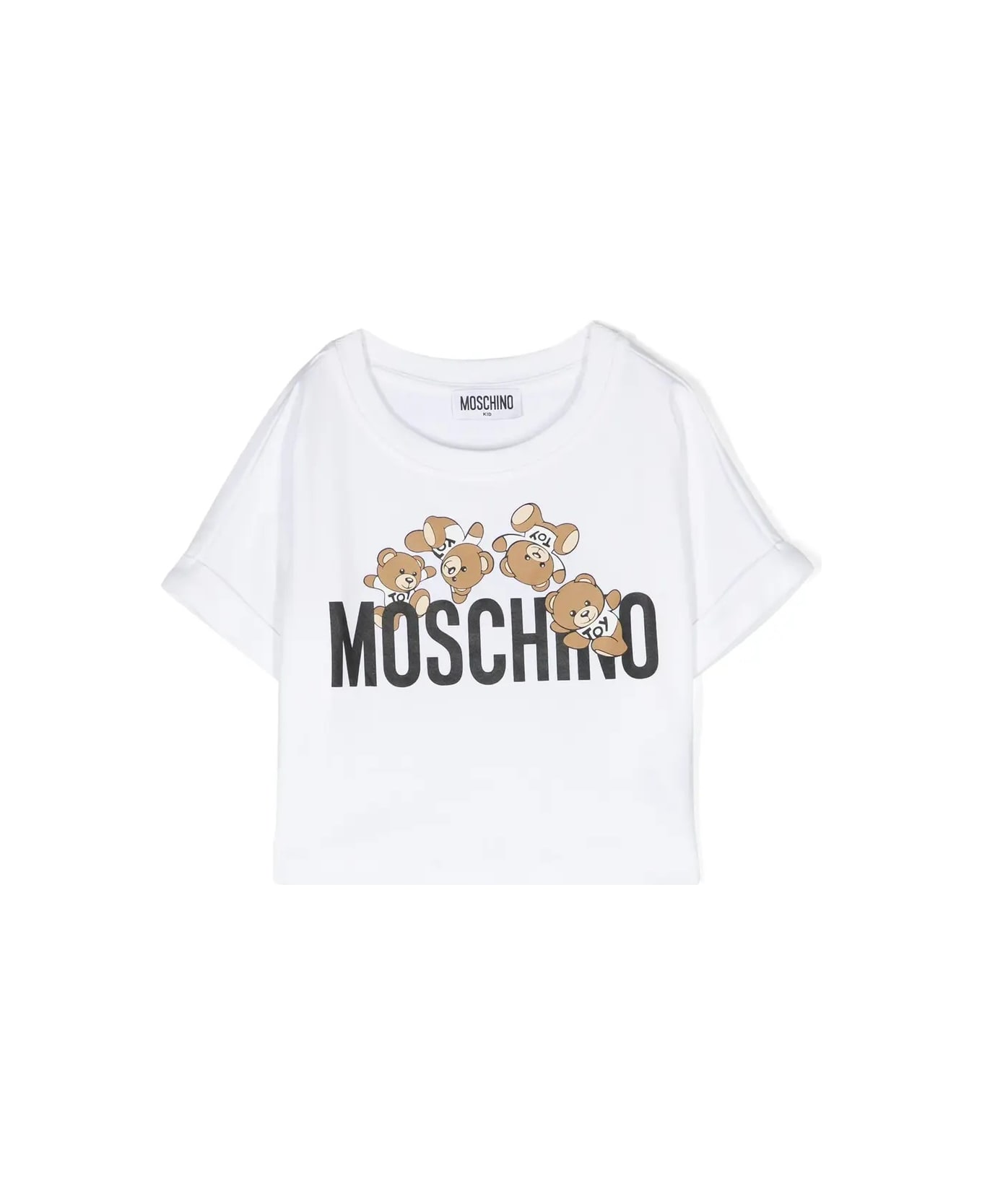 Moschino White Crop T-shirt With Moschino Teddy Friends Print - White