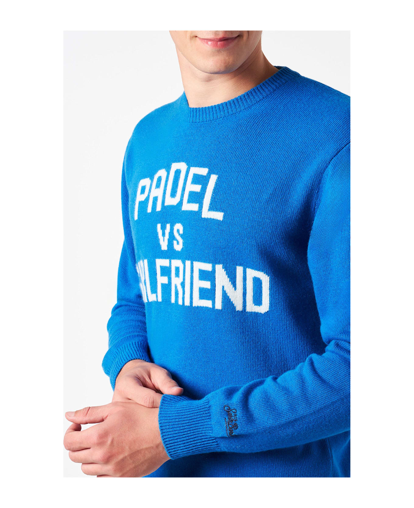 MC2 Saint Barth Man Crewneck Sweater With Padel Vs Girlfriend Jacquard - BLUE