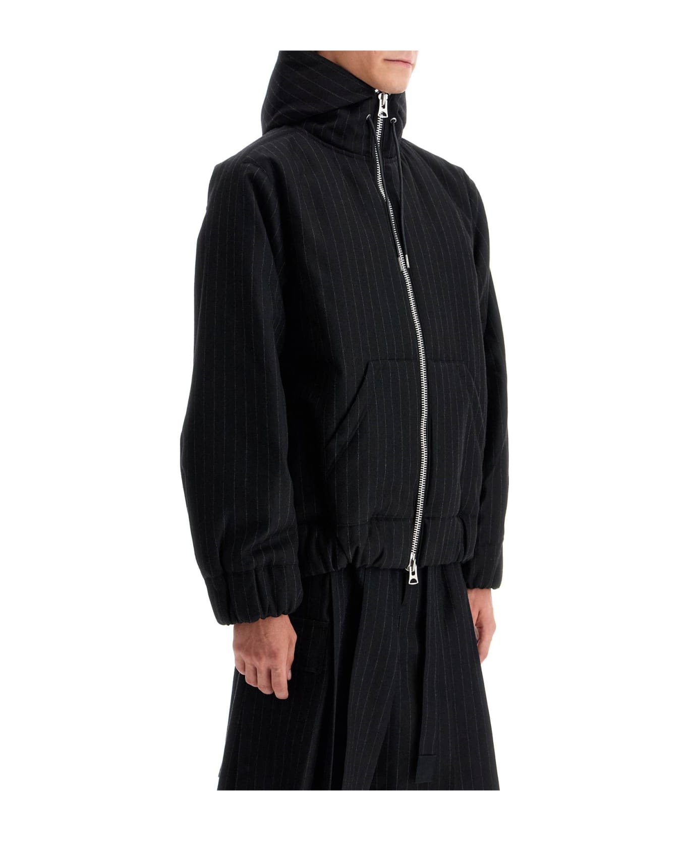 Sacai Hooded Wool Gessato Jacket - Black