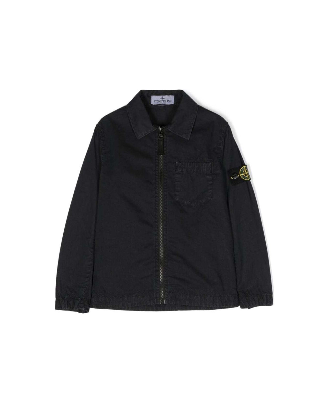 Stone Island Junior Blue Overshirt With Zip And Logo Patch In Cotton Boy - Blu