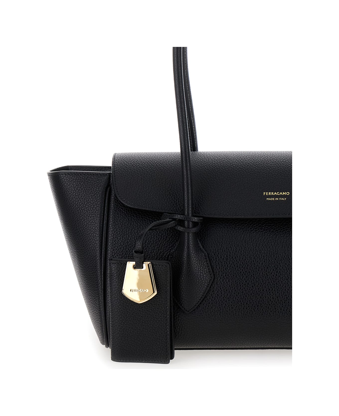 Ferragamo 'east-west M' Black Handbag With Logo Detail In Hammered Leather Woman - Black トートバッグ
