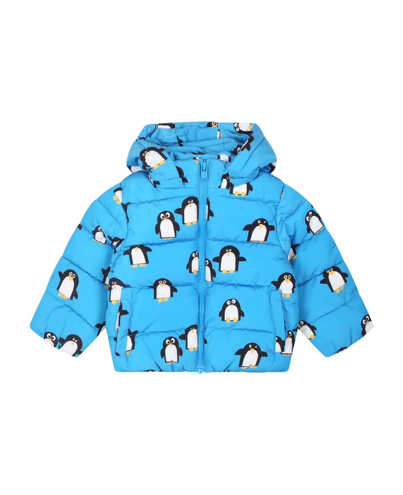 Stella McCartney Kids Down Jacket For Baby Boy With All-over Penguins Print - Light Blue