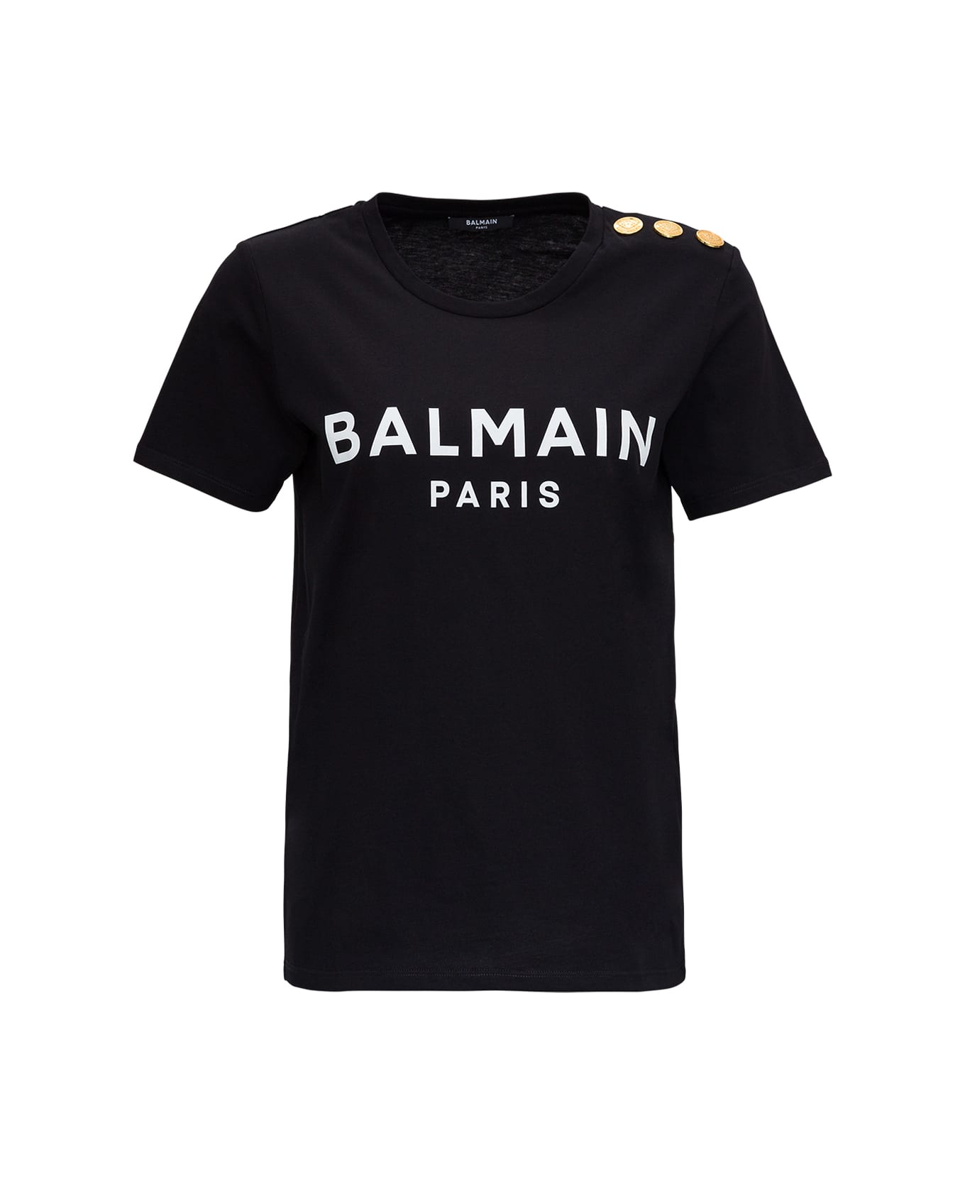 Balmain Black Crewneck T-shirt With Logo Print And Golden Buttons In Jersey Woman - Black
