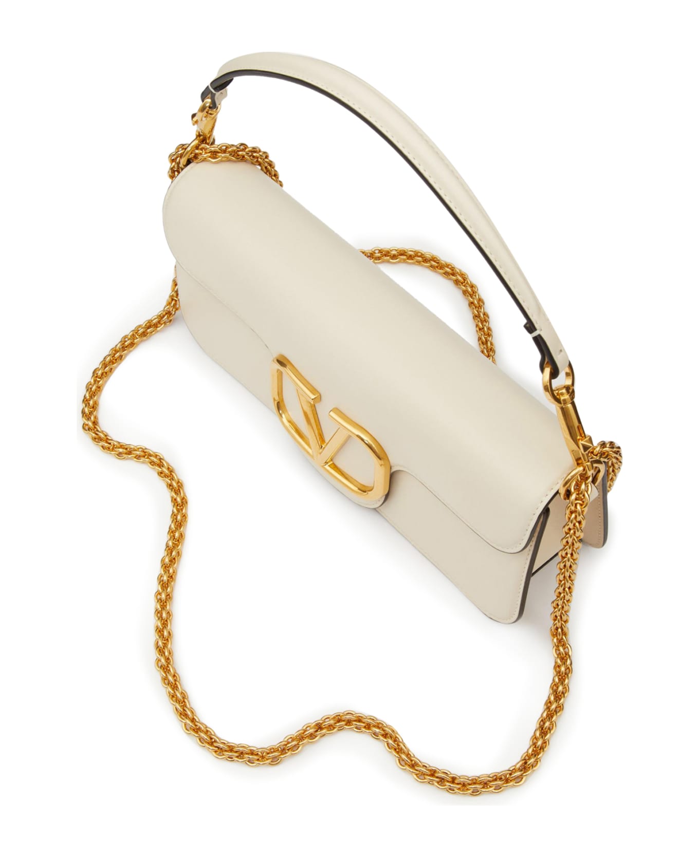 Valentino Garavani Shoulder Bag Loco` Vitello/antique Brass Logo - Light Ivory