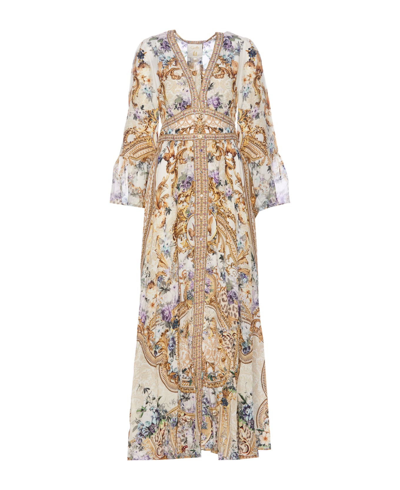 Camilla Shaped Waistband Dress With Ruffle Sleeve - MultiColour