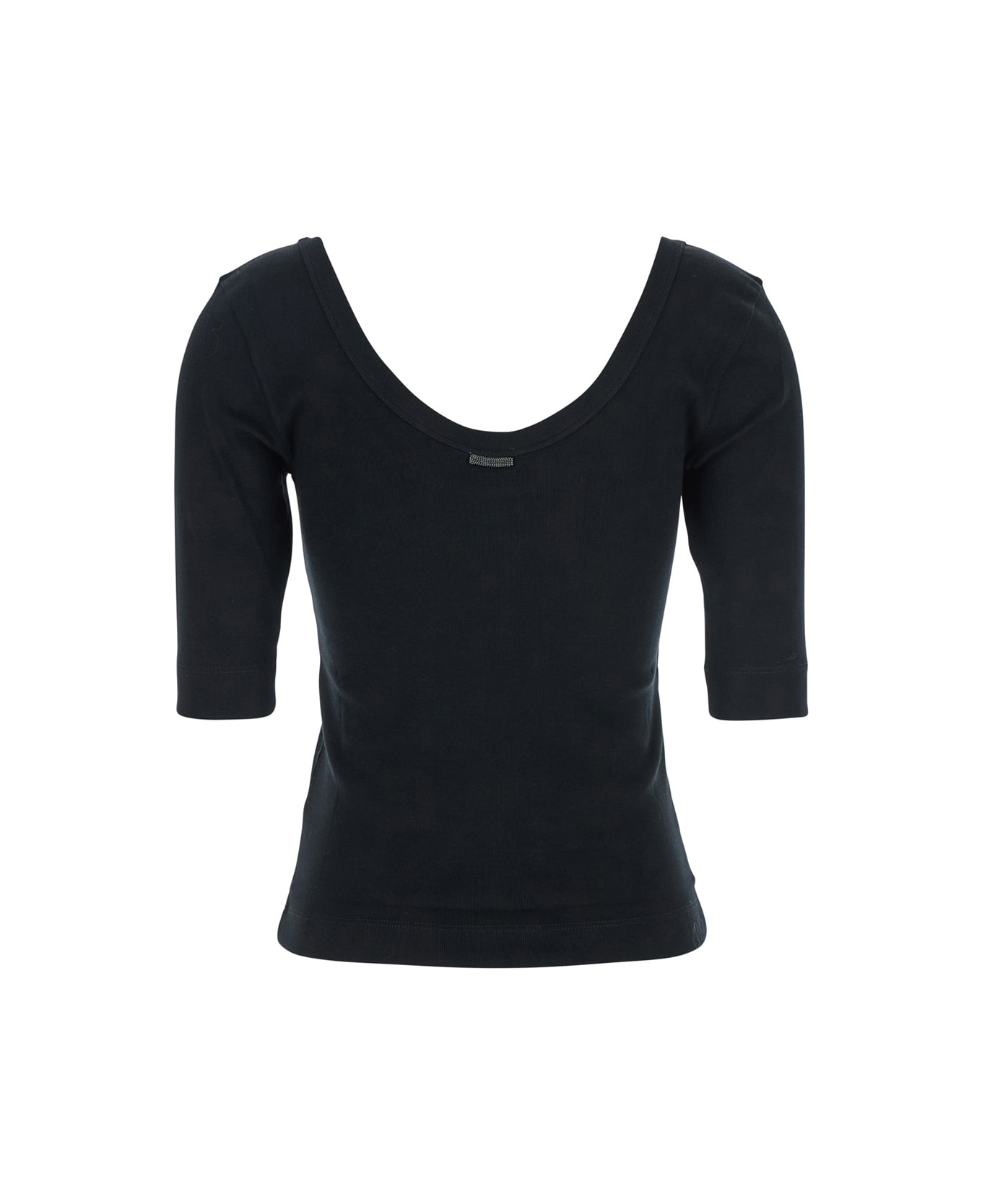 Brunello Cucinelli Black U-neck T-shirt With Back Monil Detail In Cotton Woman - Black