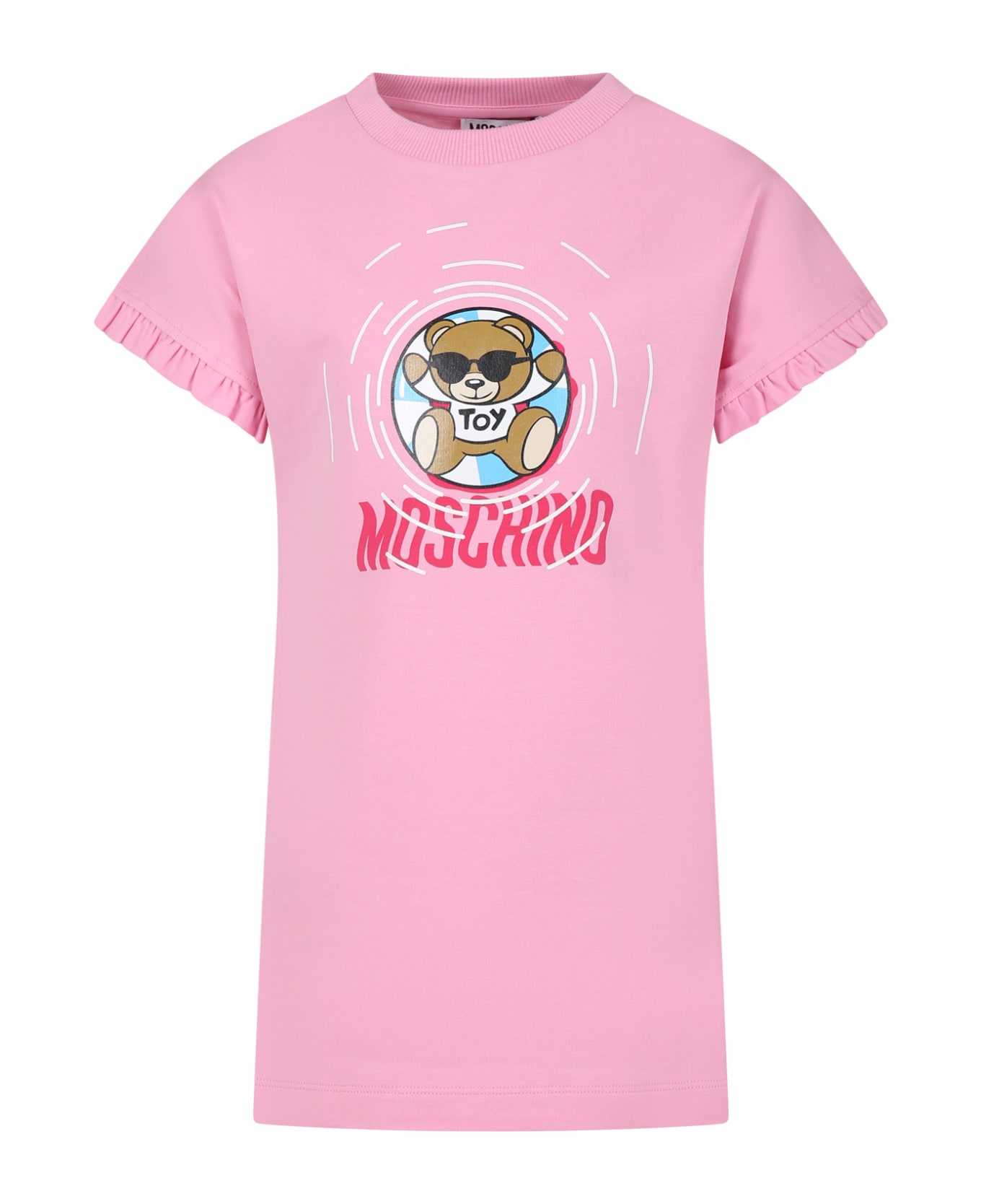 Moschino Pink Dress For Girl With Multicolor Print And Teddy Bear - Pink ワンピース＆ドレス