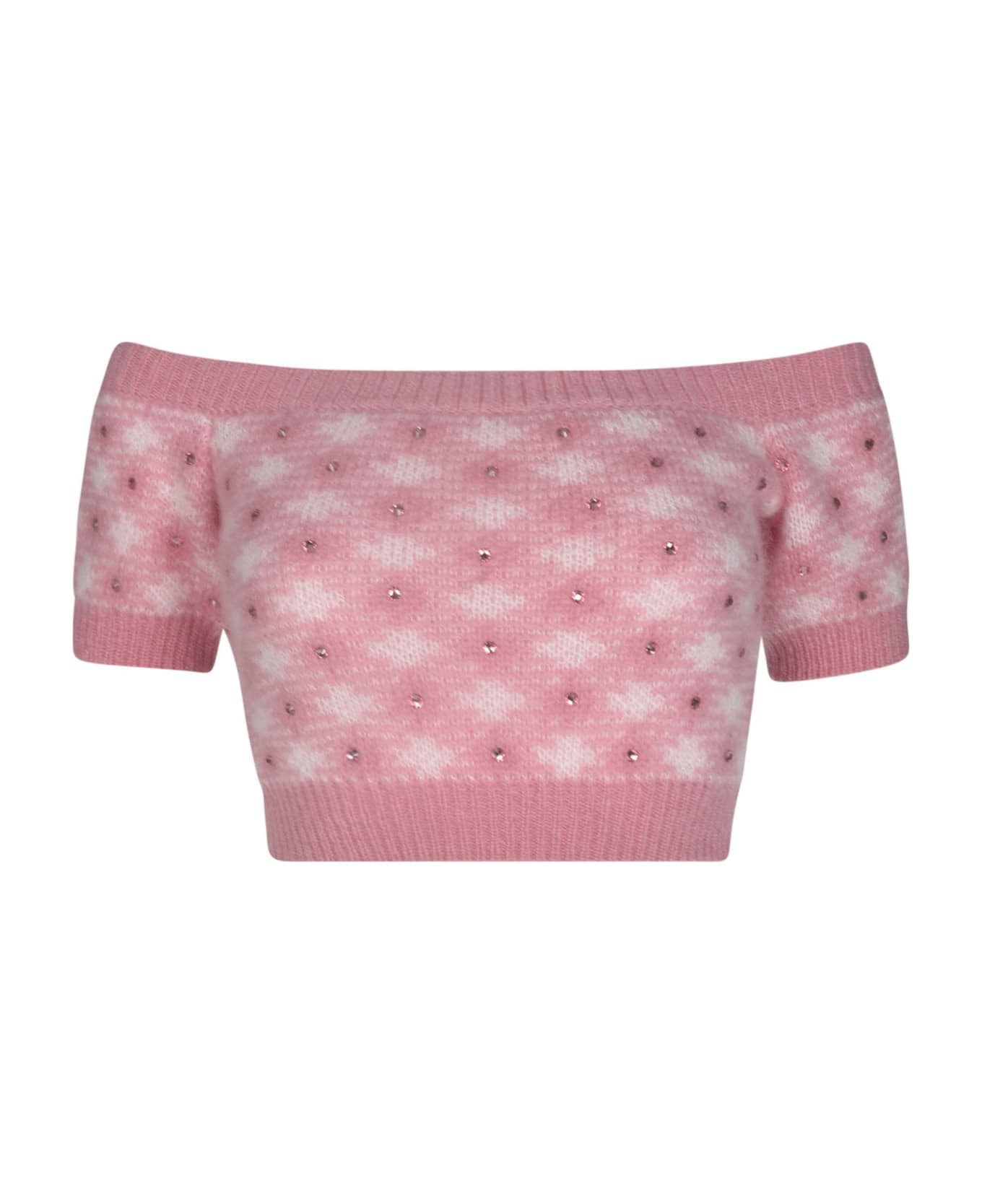 Alessandra Rich Vichy Knitted Off The Shoulder Top - Pink
