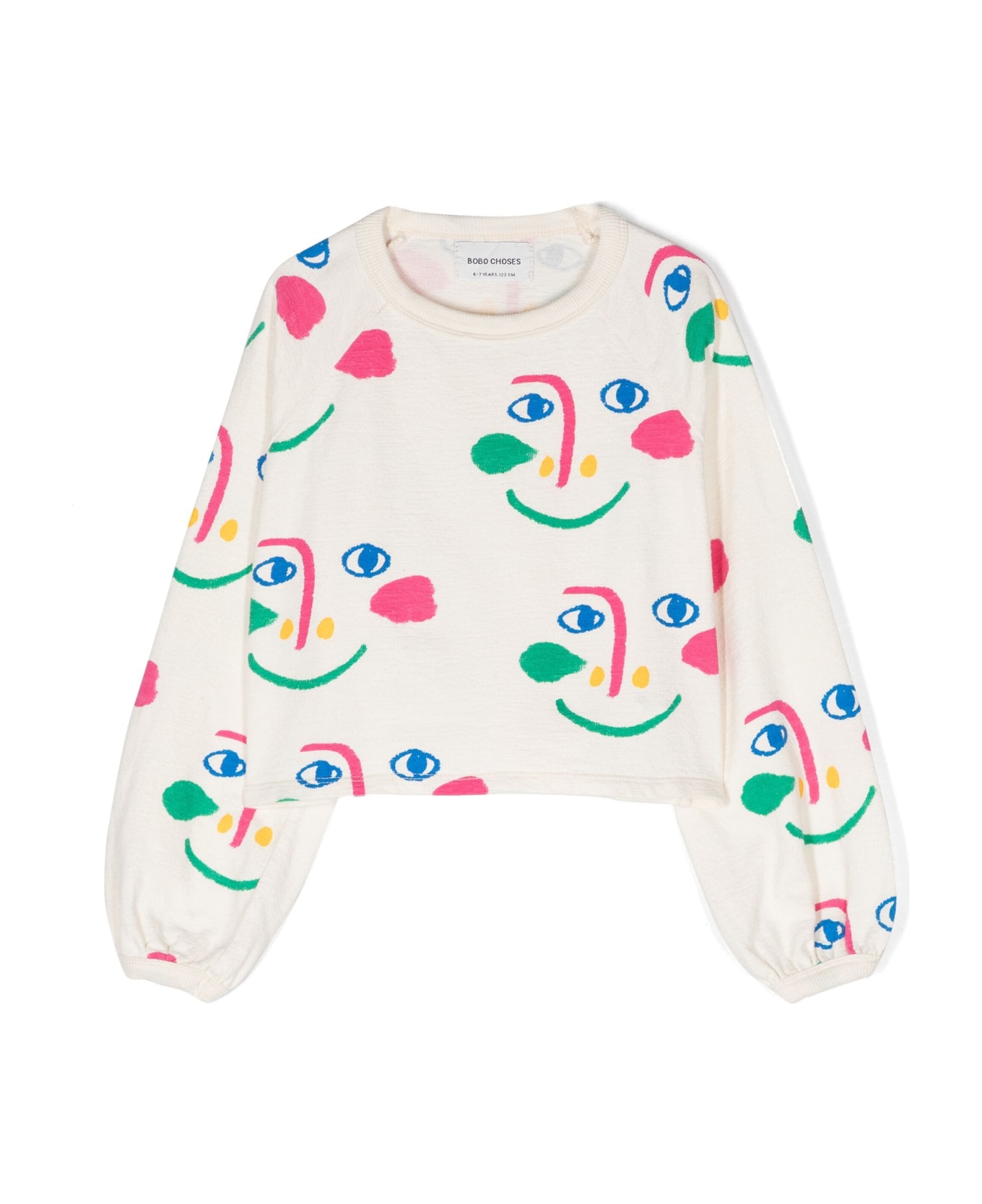 Bobo Choses Ivory Sweatshirt For Girl With All-over Multicolor Face - Ivory