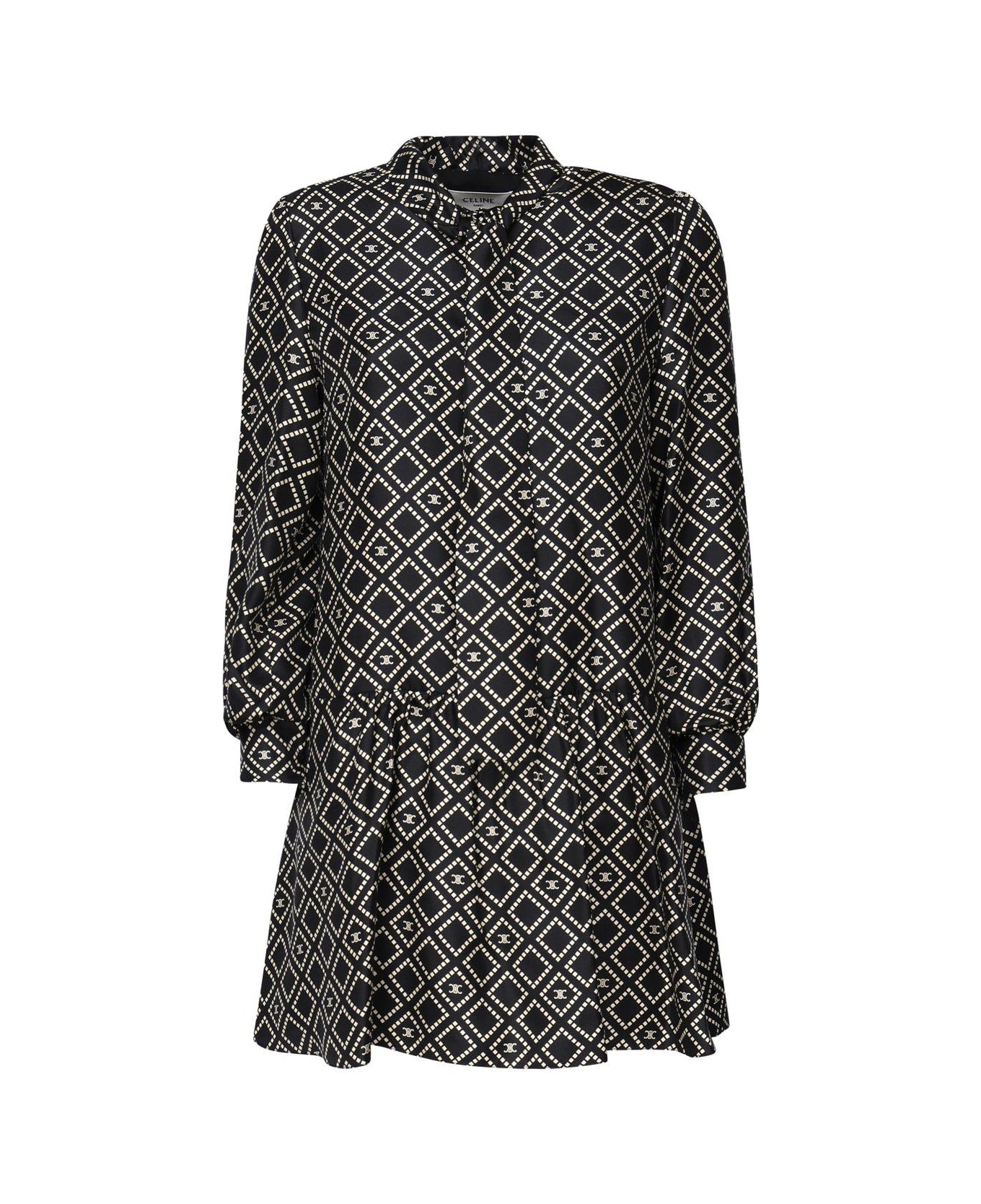 Celine Triomphe Printed Long-sleeved Mini Dress - BLACK/VANILLA