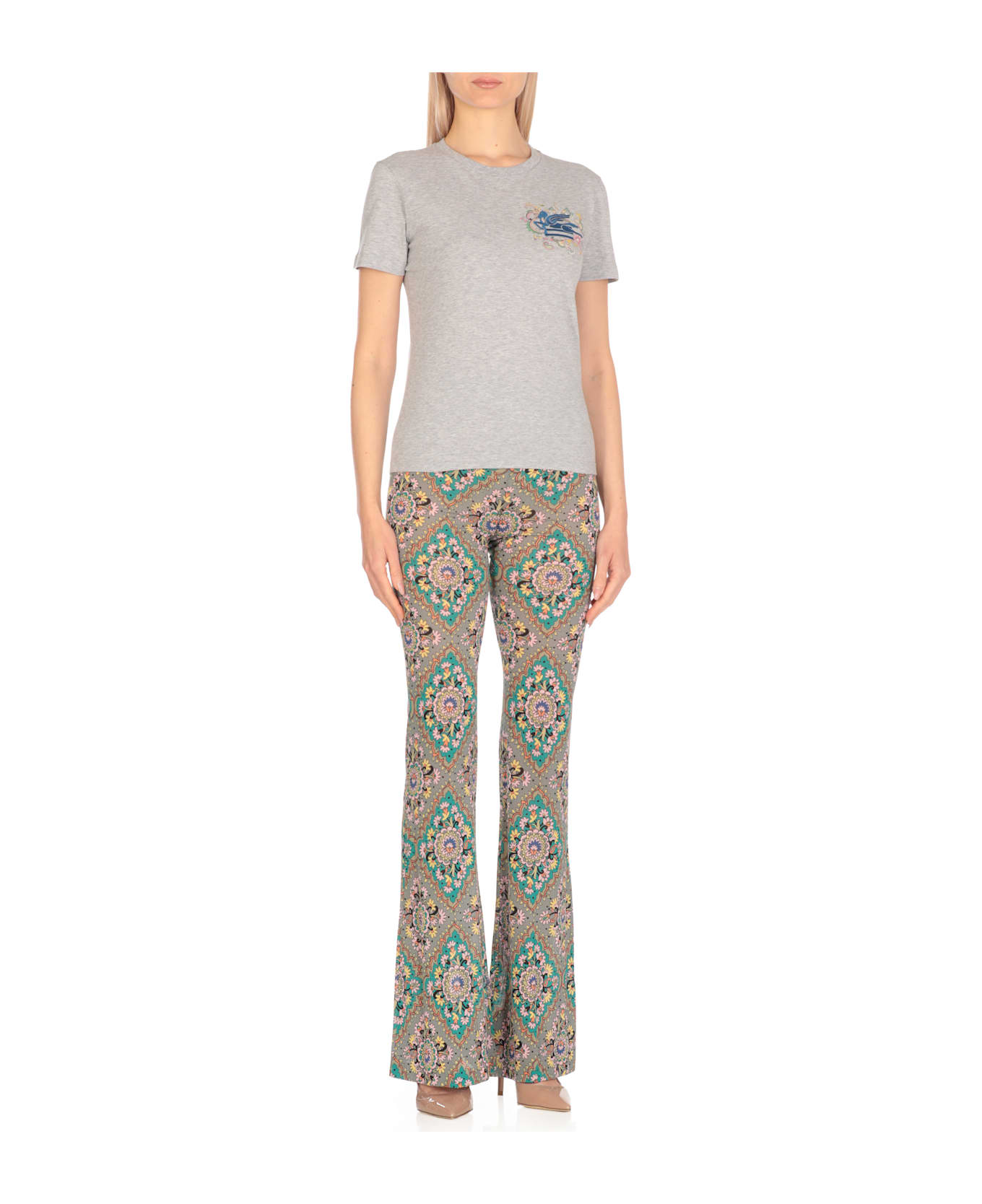 Etro Cotton T-shirt With Pegasus And Monogram - Grey