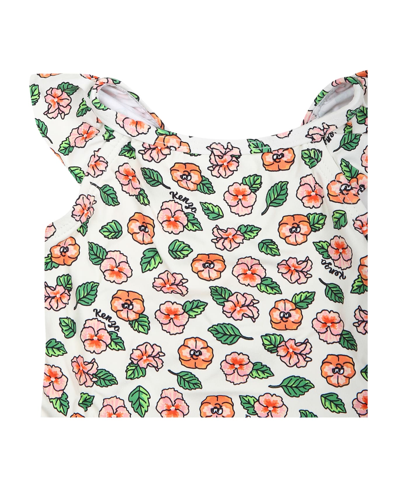 Kenzo Kids White Swimwuit For Baby Girl With Floral Print - White