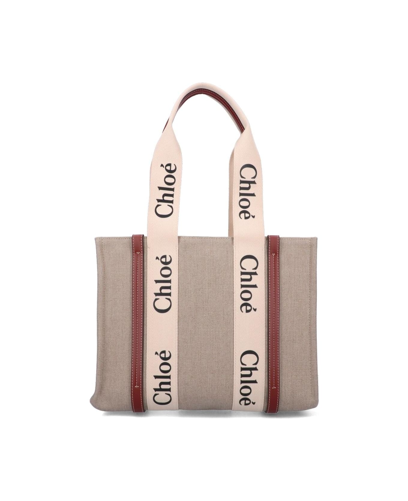 Chloé White And Brown Medium Woody Shopping Bag With Shoulder Strap - Marrone トートバッグ