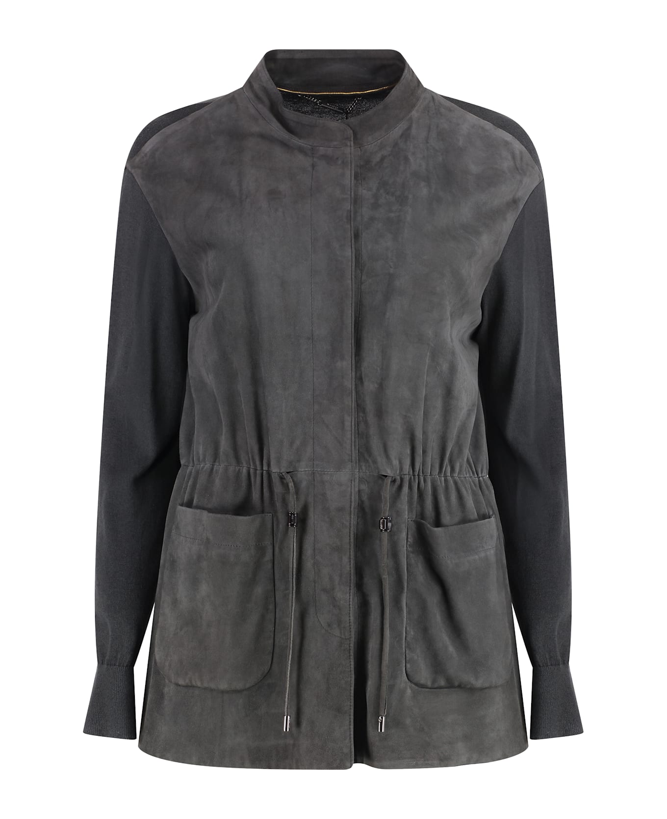 Moorer Cardigan With Suede Frontal Panel - grey