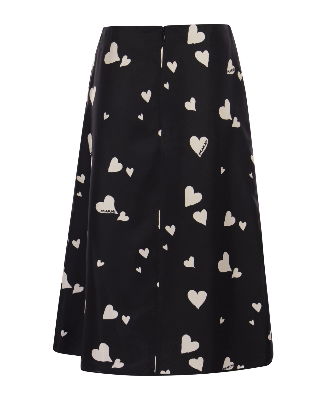 Marni Bunch Of Hearts Print Silk Flared Skirt - Black