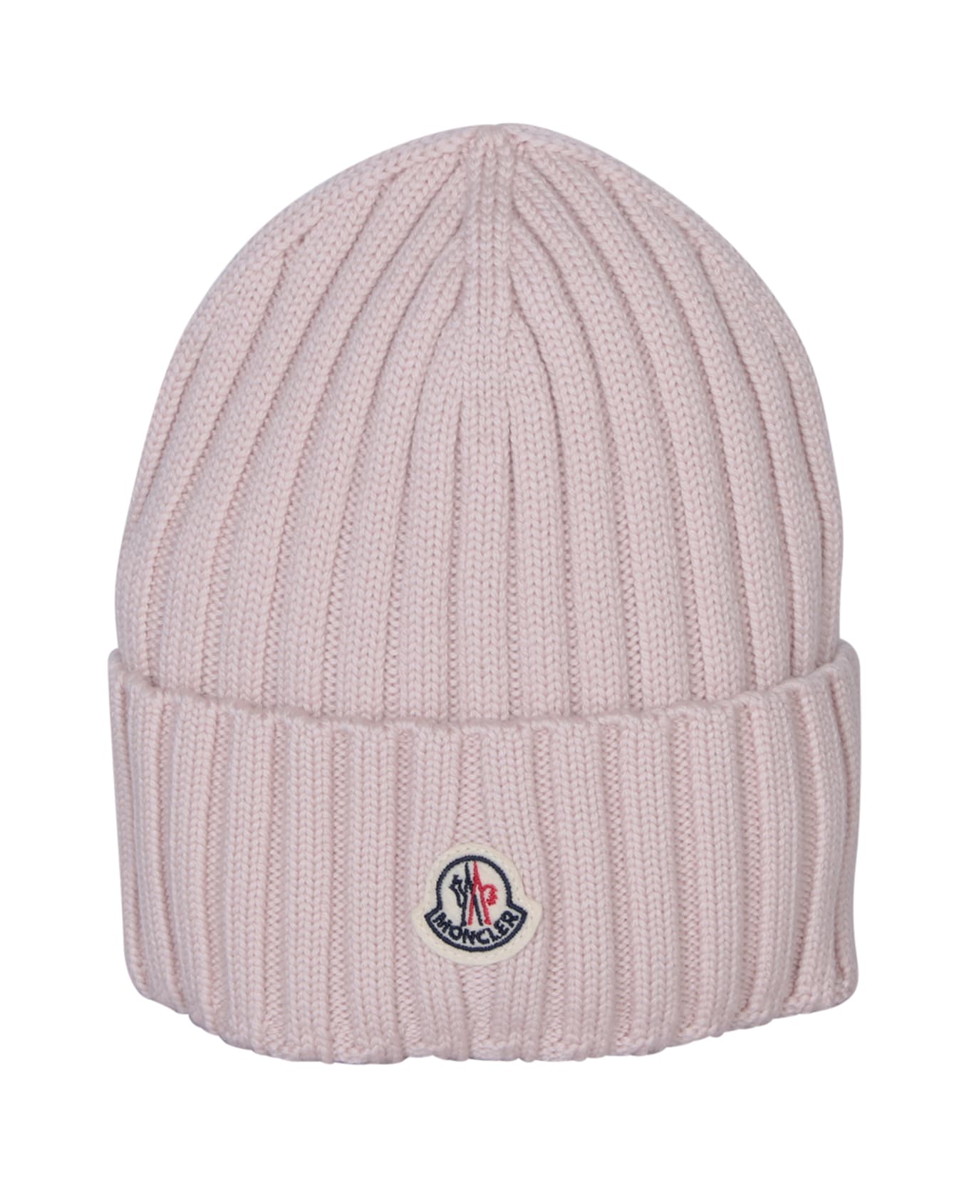 Moncler Light Pink Ribbed Wool Beanie With Logo - Pink 帽子
