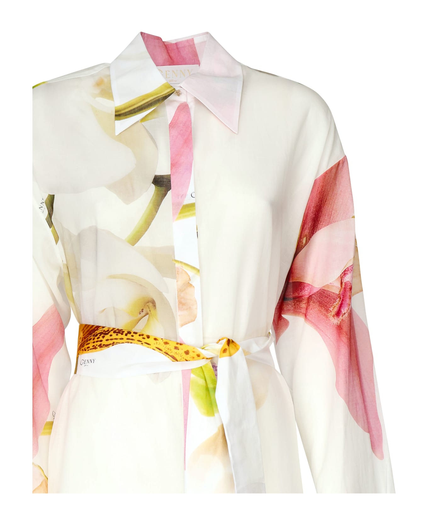 Genny Long Dress With Orchid Print - White