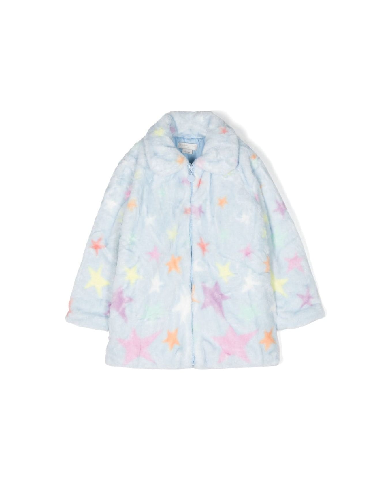 Stella McCartney Kids Light Blue Coat With Multicolor Star Print In Fabric Girl - Multicolor コート＆ジャケット