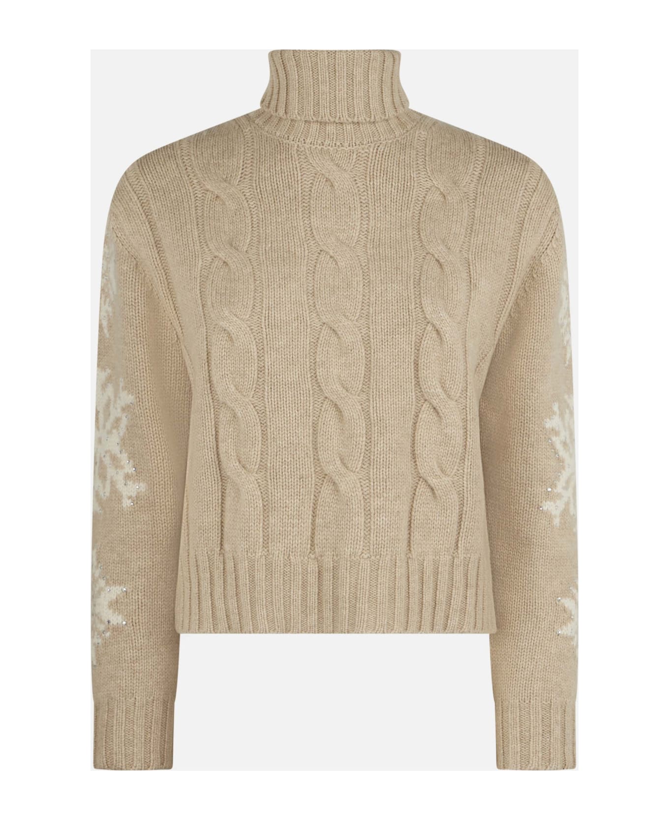 MC2 Saint Barth Woman Turtleneck Braided Sweater With Snowflake Rhinestones - BROWN
