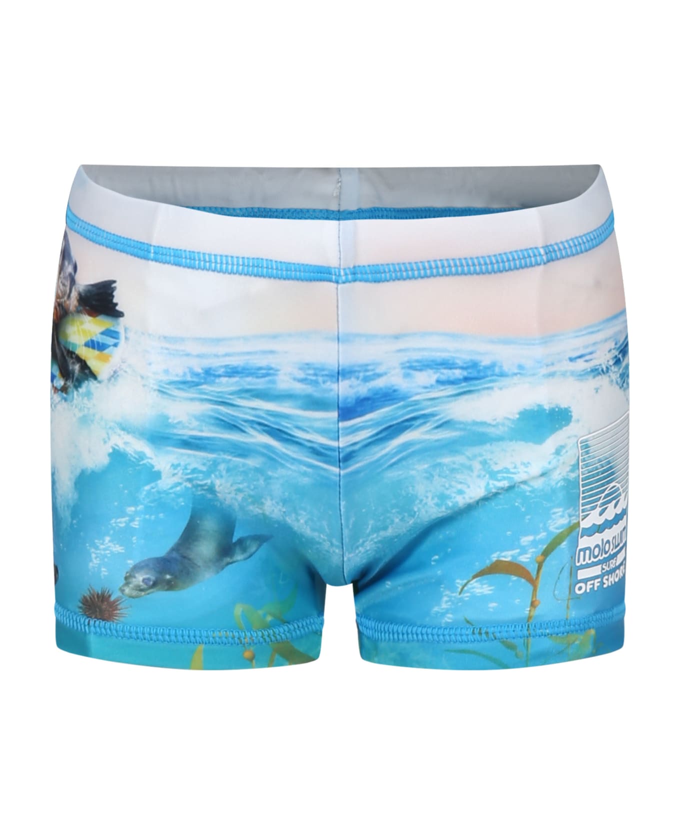 Molo Light Blue Swim Shorts For Boy With Seal Print - Multicolor