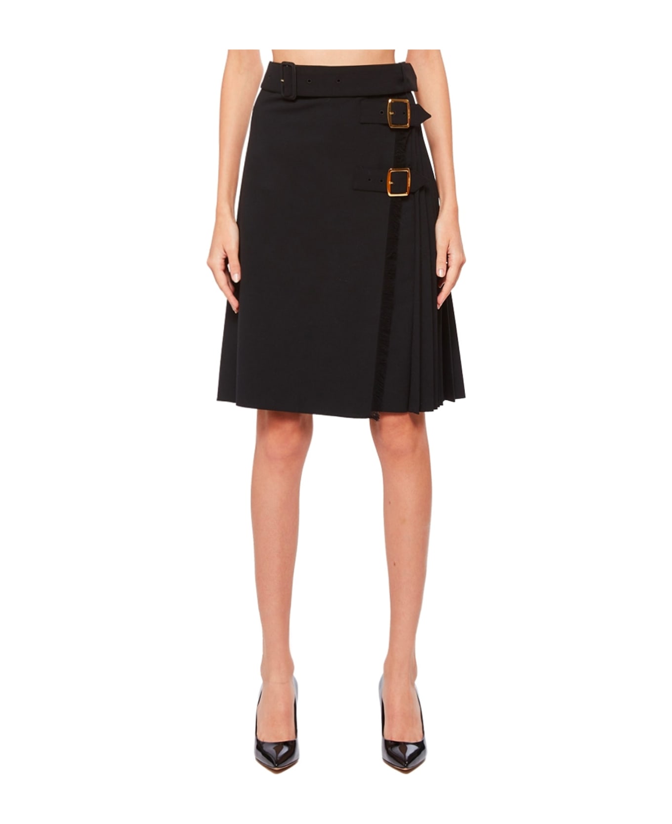 Burberry Pleated Panel Wool Blend Belted Kilt Skirt - Black