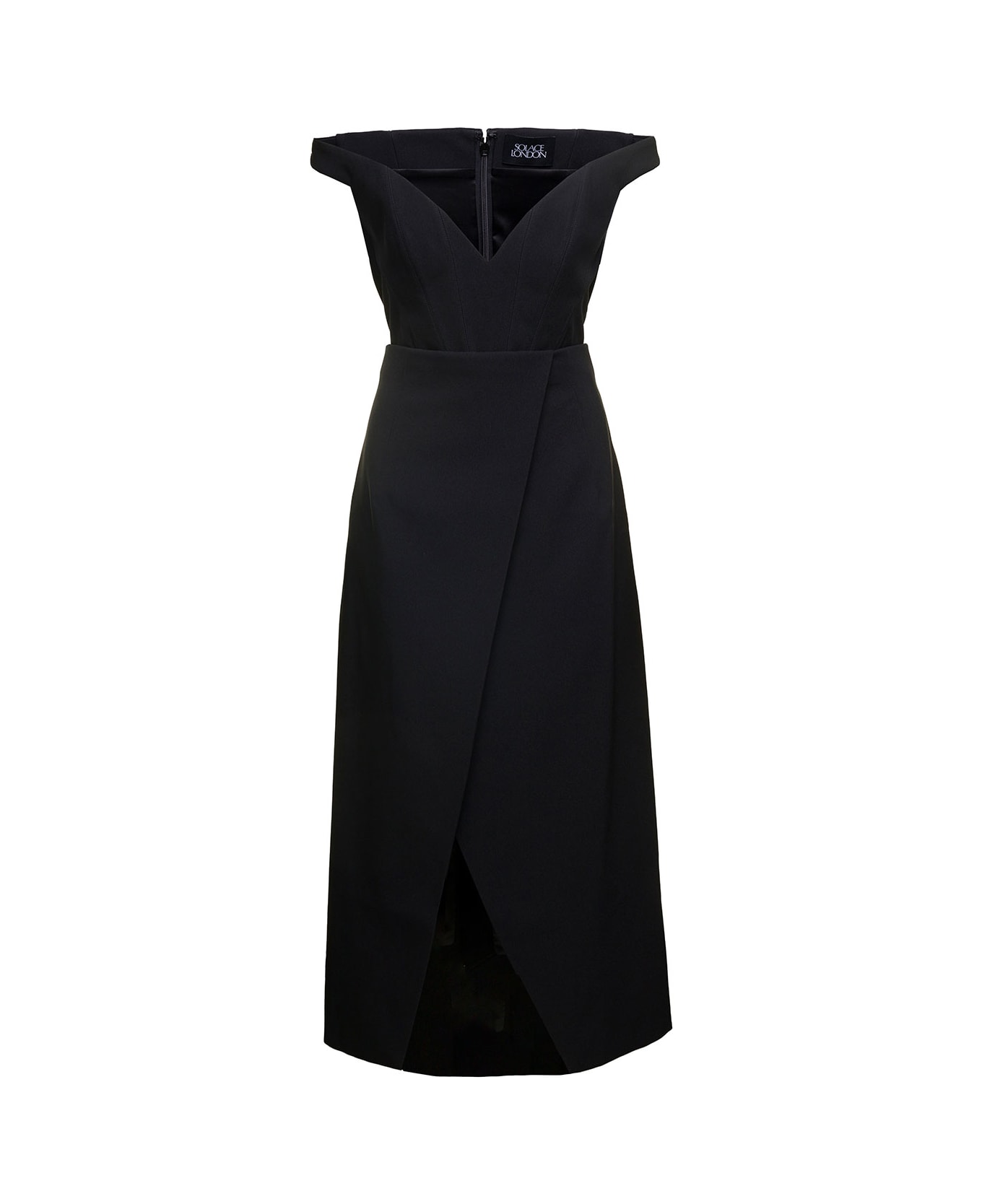 Solace London Black Midi Dress With Flared Skirt And Asymmetric Vent In Polyester Woman - Black ワンピース＆ドレス