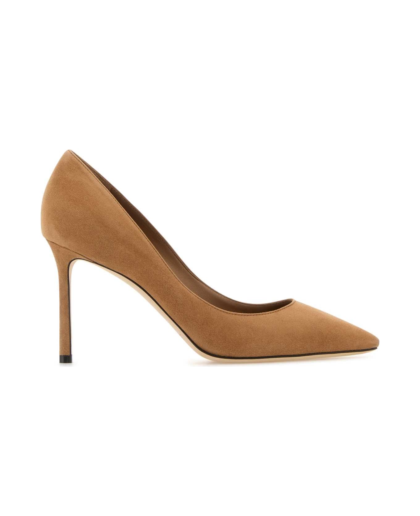 Jimmy Choo Camel Suede Romy 85 Pumps - TOFFEE