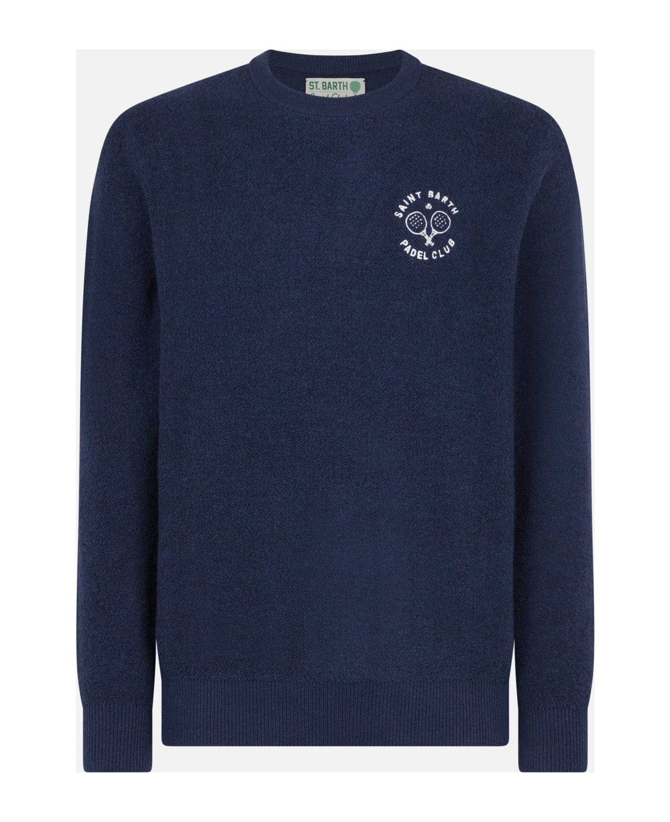 MC2 Saint Barth Man Crewneck Bluette Bouclé Sweater With Saint Barth Padel Club Embroidery - BLUE