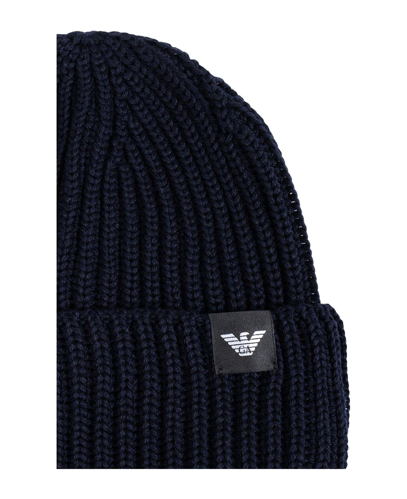 Emporio Armani Logo Patch Turn-up Brim Knitted Beanie - Blue