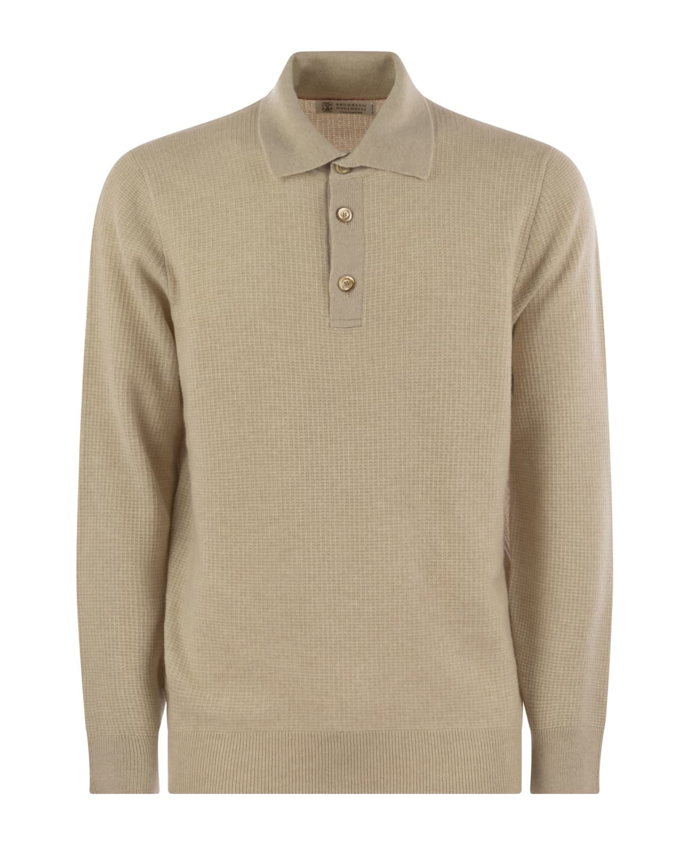 Brunello Cucinelli Waffle Stitch Cashmere Knit Polo Shirt With Long Sleeve - Sand