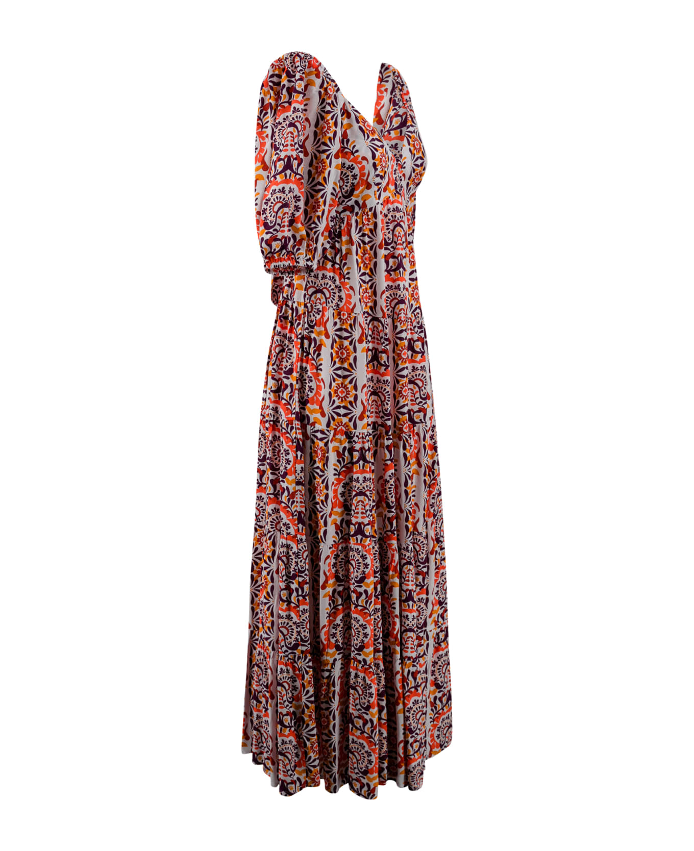 Surkana Printed Long Dress With Puff Sleeves Multi - MultiColour