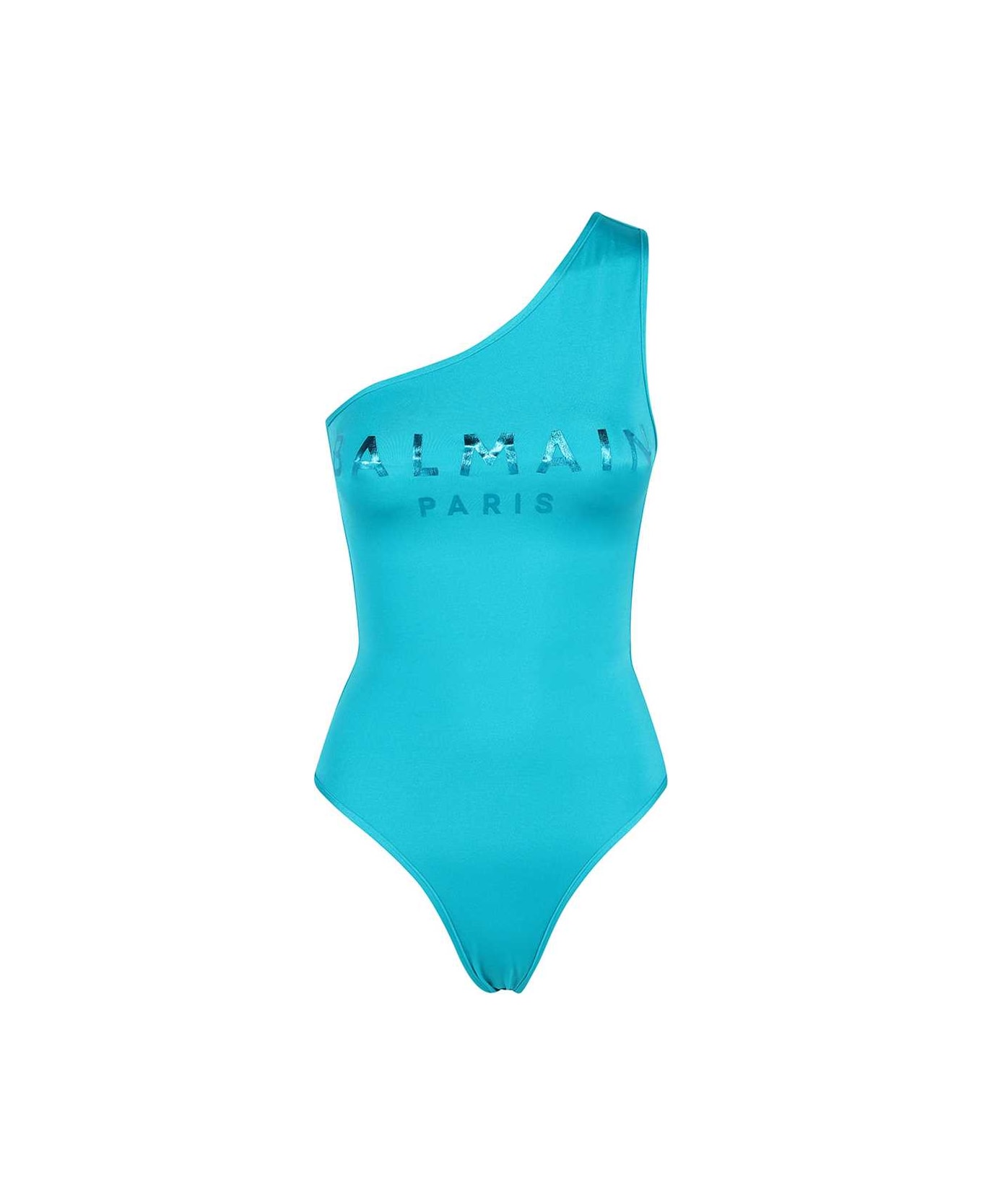 Balmain Logo Print One-shoulder Swimsuit - Light Blue