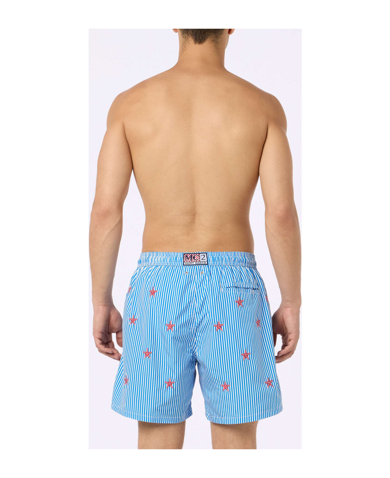 MC2 Saint Barth Man Lightweight Fabric Swim-shorts Lighting With Seastars Embroidery - BLUE
