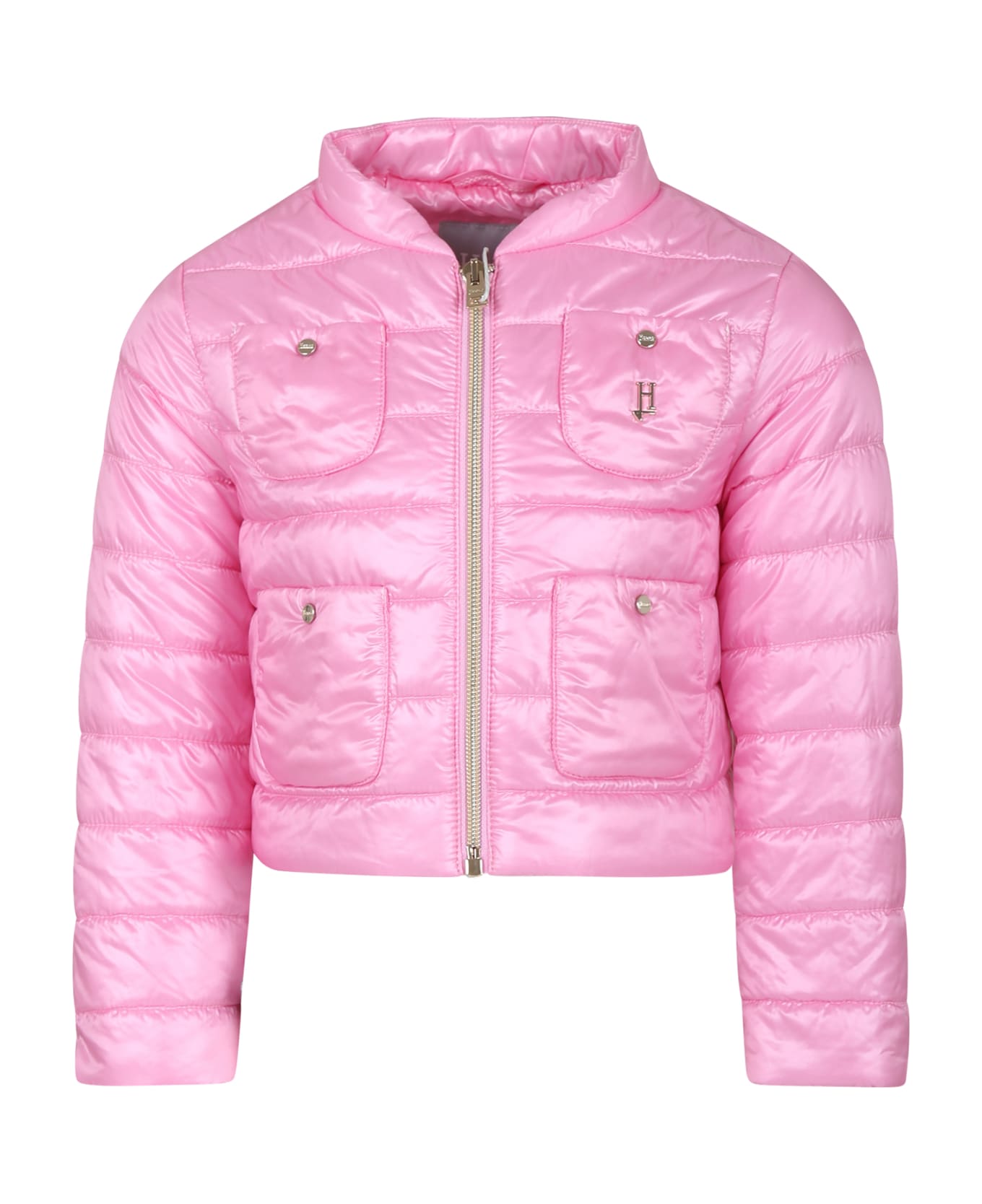 Herno Pink Short Down Jacket For Girl With Logo - Pink