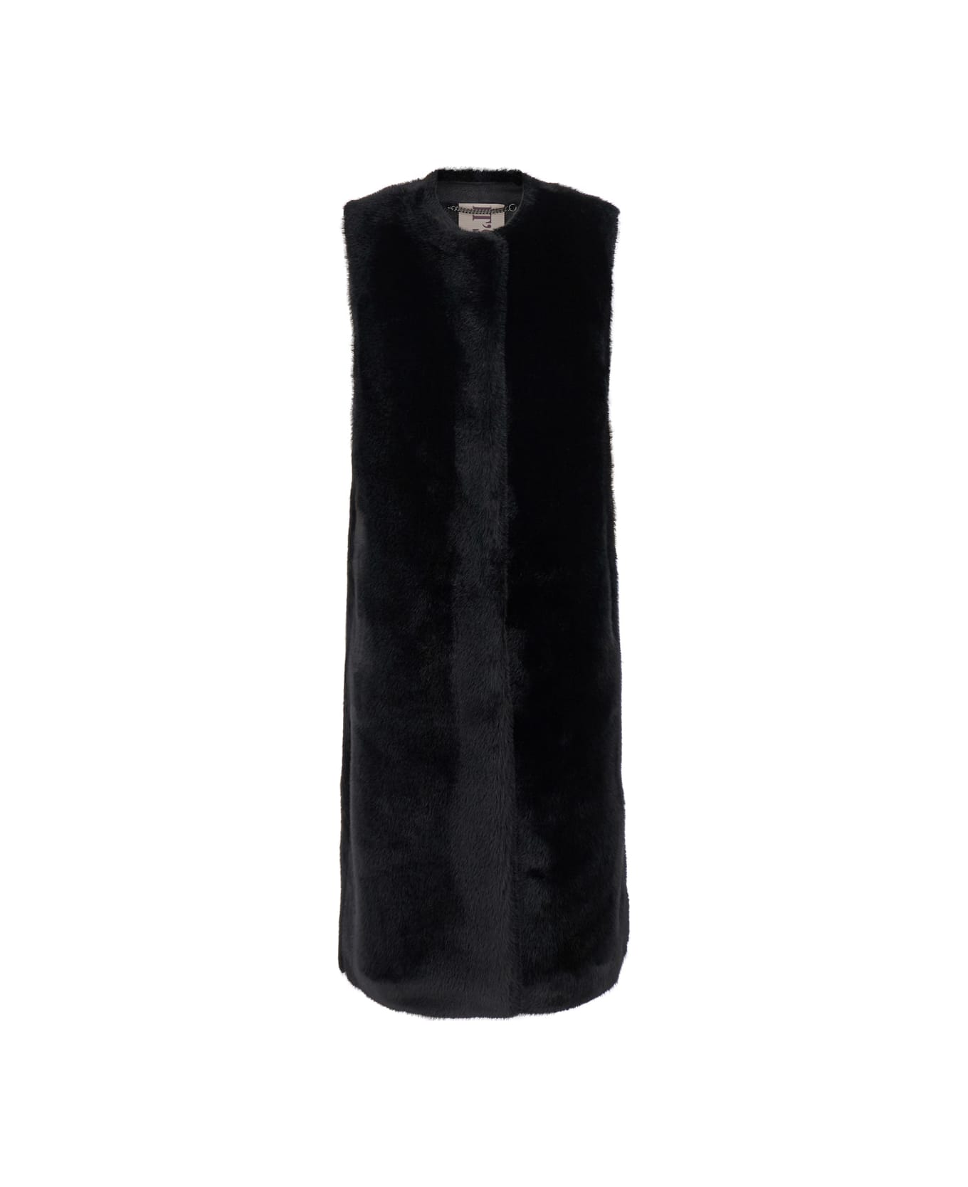 Valentini 1972 Black Sleeveless Long Crewneck Vest In Ecofur Woman - Black