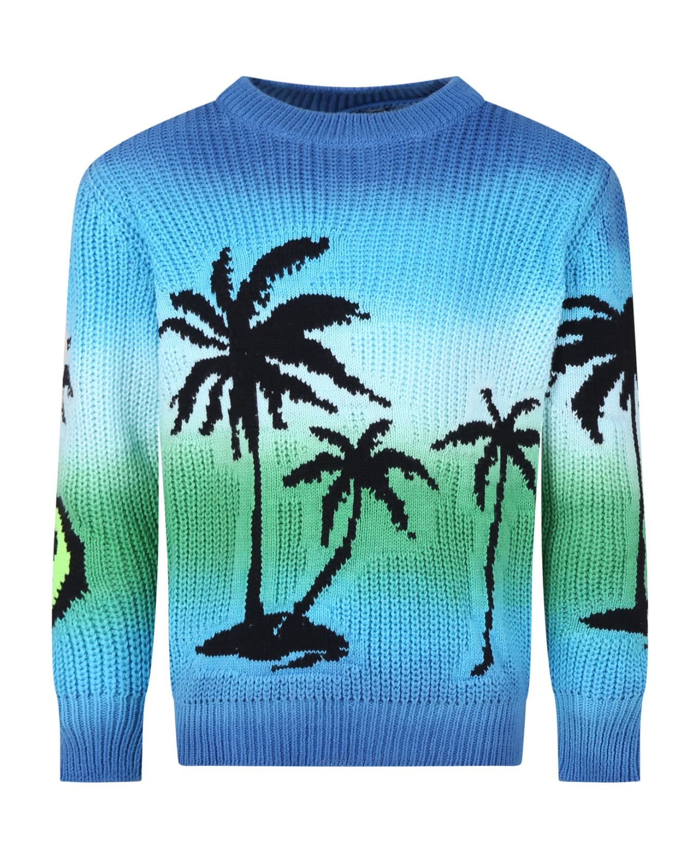 Barrow Light Blue Cotton Sweater For Kids With Smiley And Palm Trees - Turchese/Turquoise