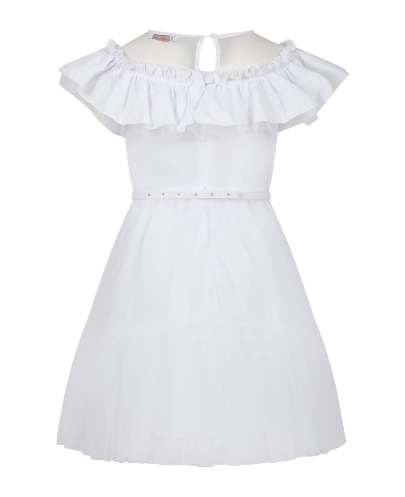 Monnalisa White Dress For Girl With Tulle And Ruffles - White ワンピース＆ドレス