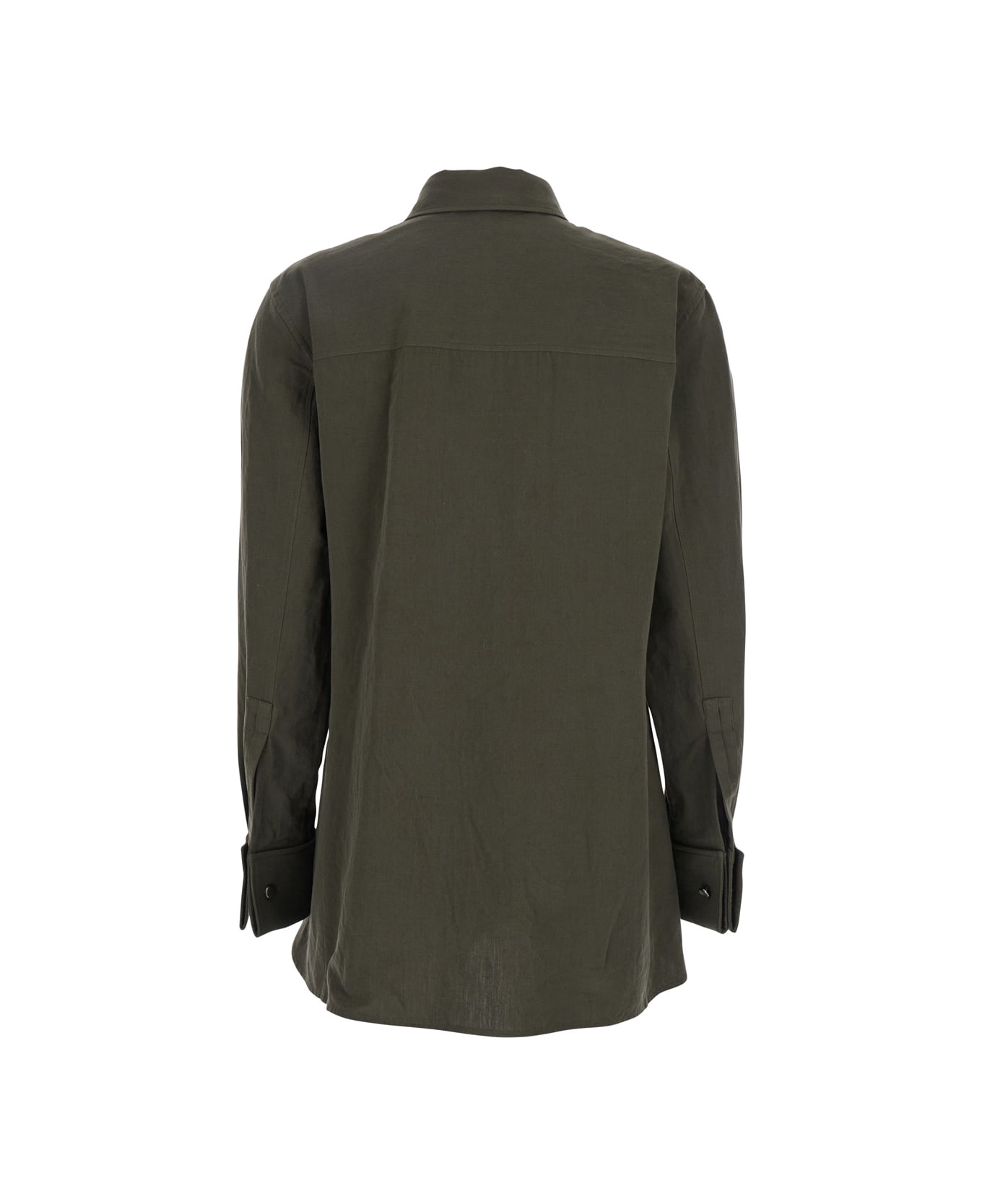 Saint Laurent Green Shirt With Classic Collar And Cassandre Embroidery On The Front In Linen And Cotton Blend Woman - Green