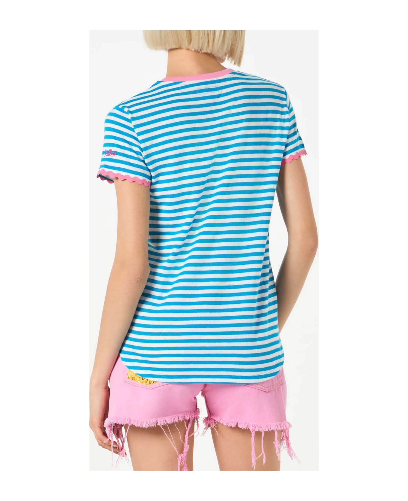 MC2 Saint Barth Woman Cotton T-shirt With Bonjour St. Barth Embroidery - BLUE