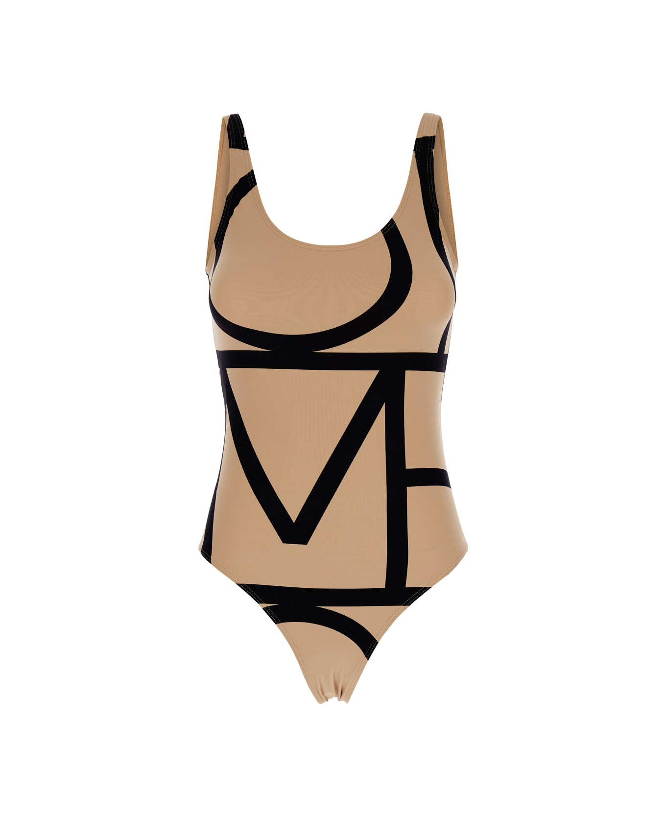 Totême Beige Swimsuit With Black Details In Techno Fabric Woman - Beige