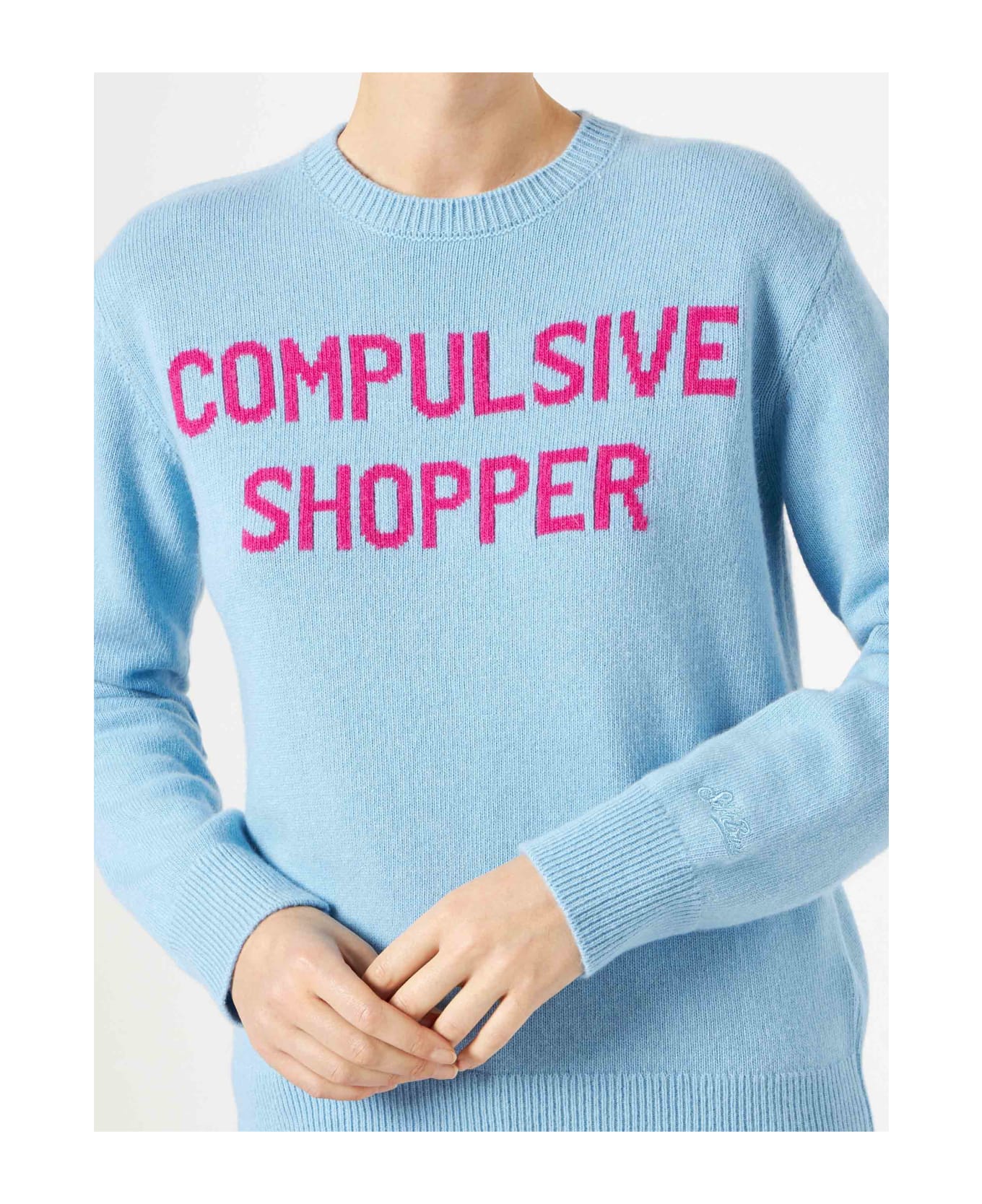 MC2 Saint Barth Woman Crewneck Light Blue Sweater With Compulsive Shopper Jacquard - SKY