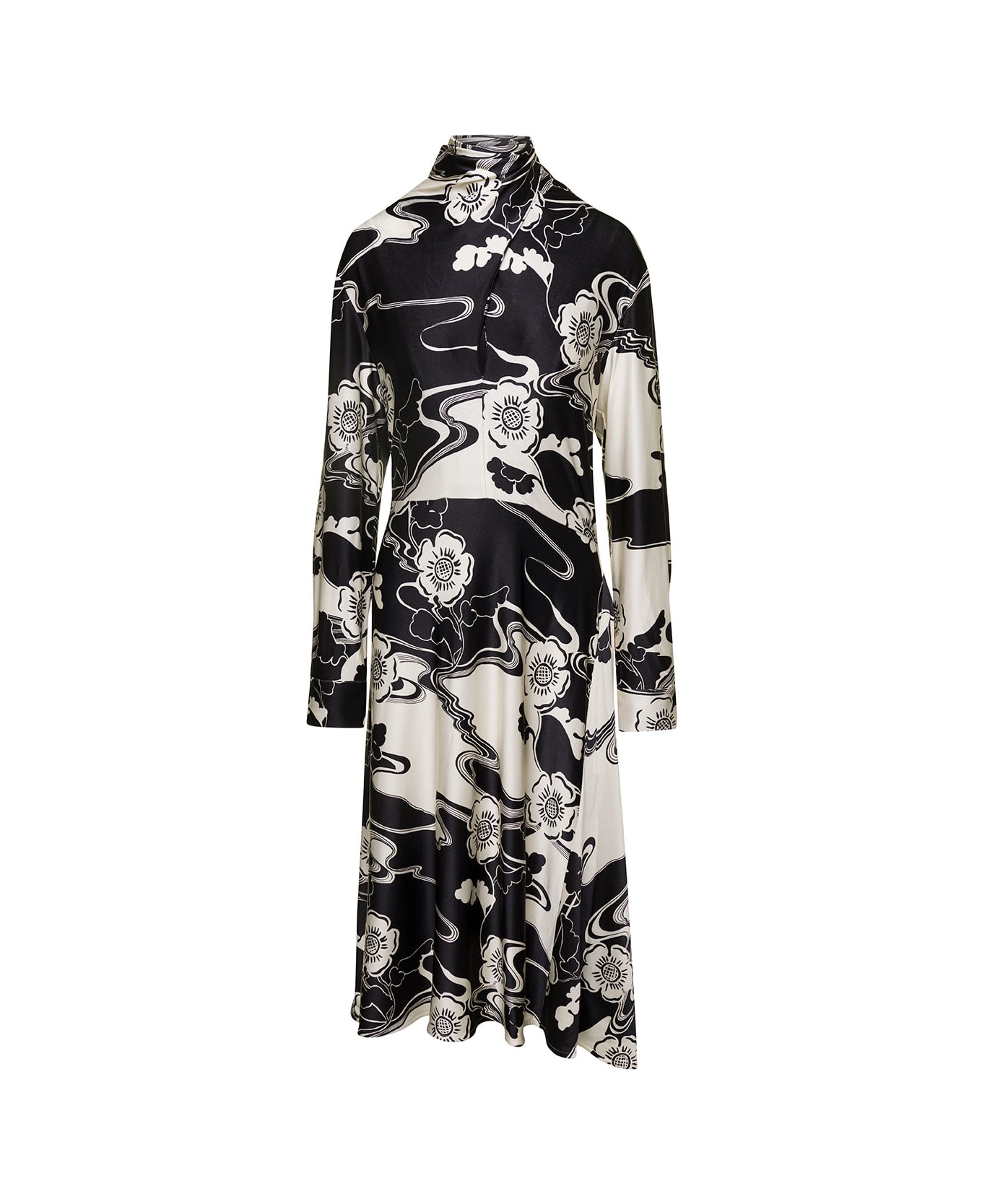 Jil Sander Midi Black And White Floreal Printed Dress With High Neck In Viscose Blend Woman - White ワンピース＆ドレス