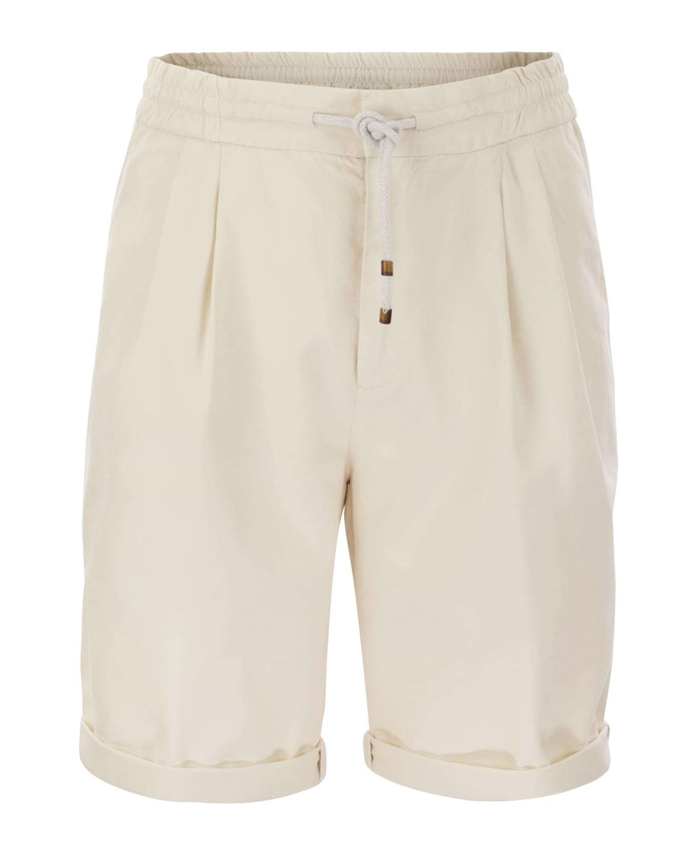 Brunello Cucinelli Bermuda Shorts In Cotton Gabardine With Drawstring And Double Darts - White